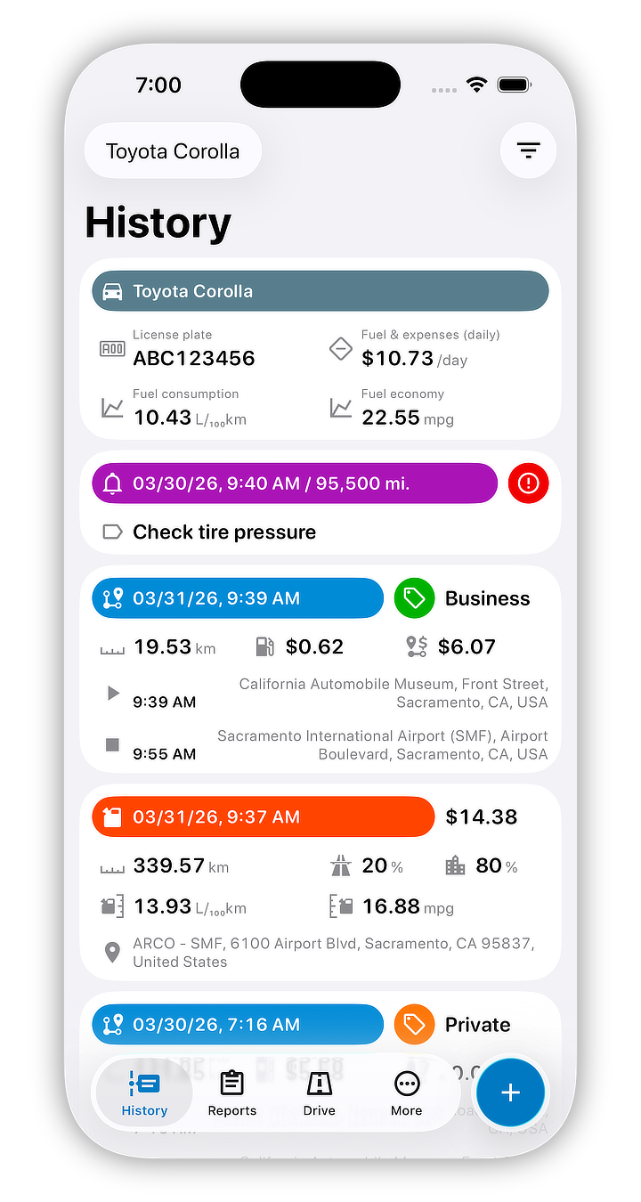Mileage tracking history screenshot