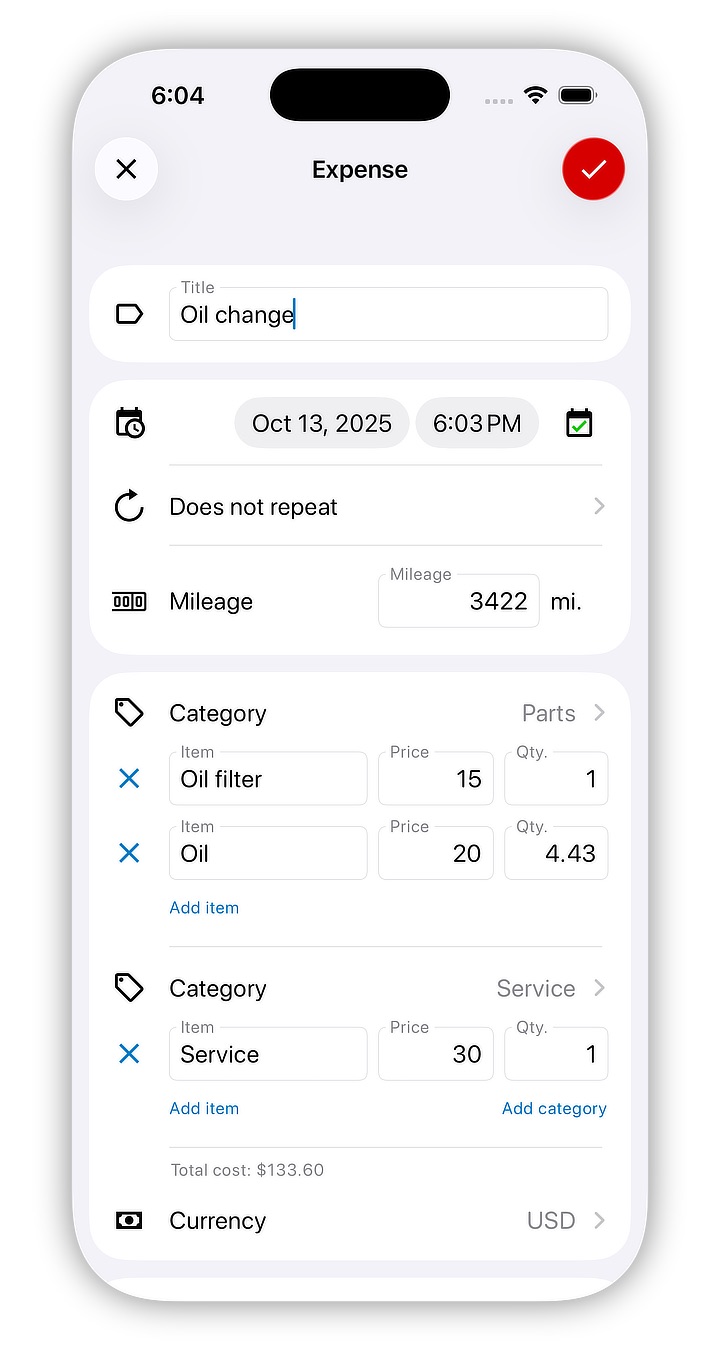 Expense entry screen screenshot