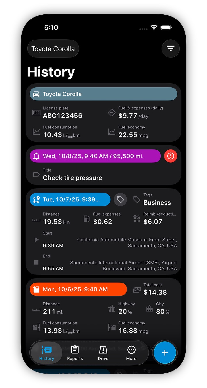 Dark mode history screen screenshot