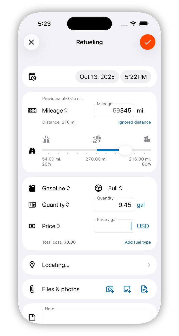 Refuelling entry screen screenshot