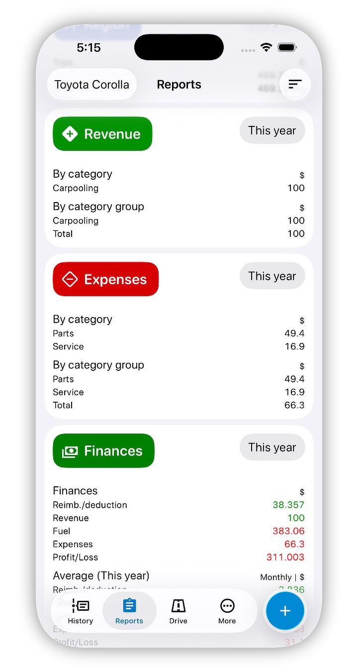 Financial reports screen screenshot